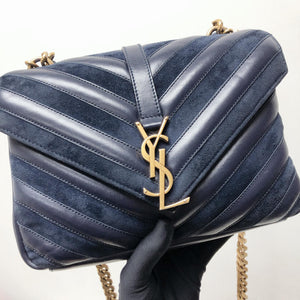 Chevron Quilted Leather Monogram Medium College Bag Navy Blue