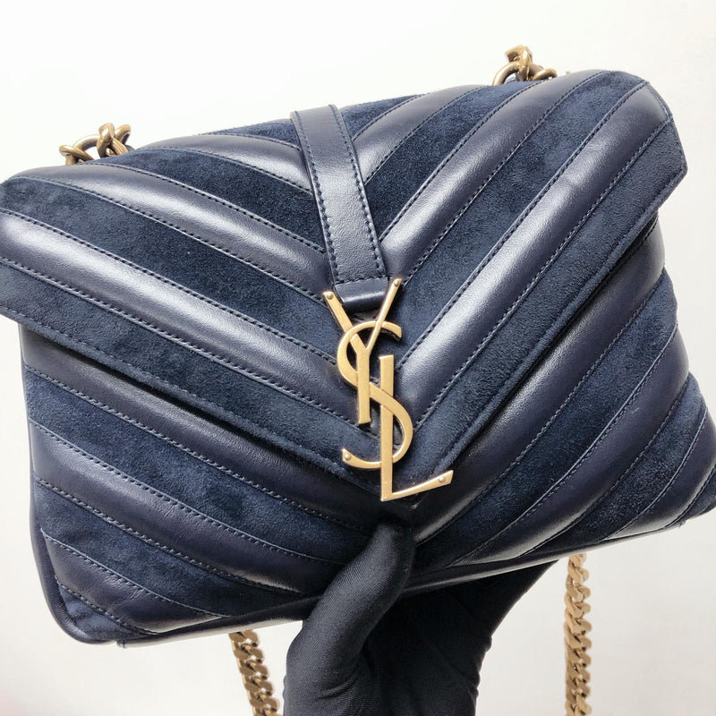 Chevron Quilted Leather Monogram Medium College Bag Navy Blue
