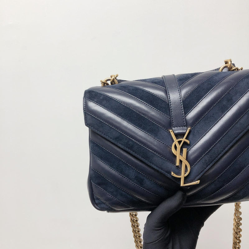 Chevron Quilted Leather Monogram Medium College Bag Navy Blue