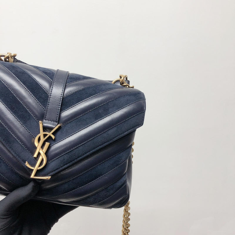 Chevron Quilted Leather Monogram Medium College Bag Navy Blue