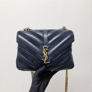 Chevron Quilted Leather Monogram Medium College Bag Navy Blue