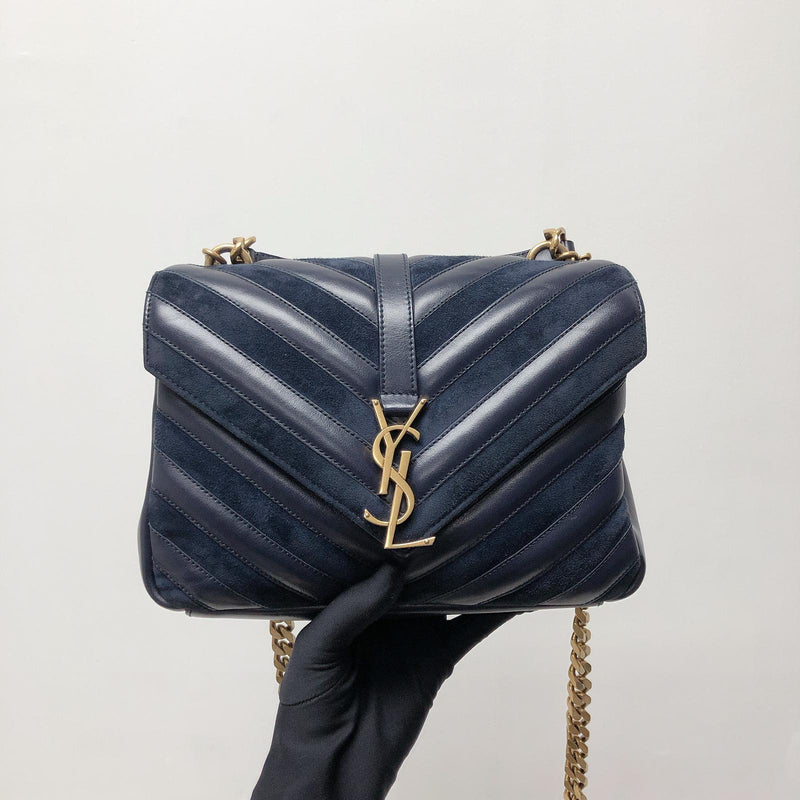 Chevron Quilted Leather Monogram Medium College Bag Navy Blue