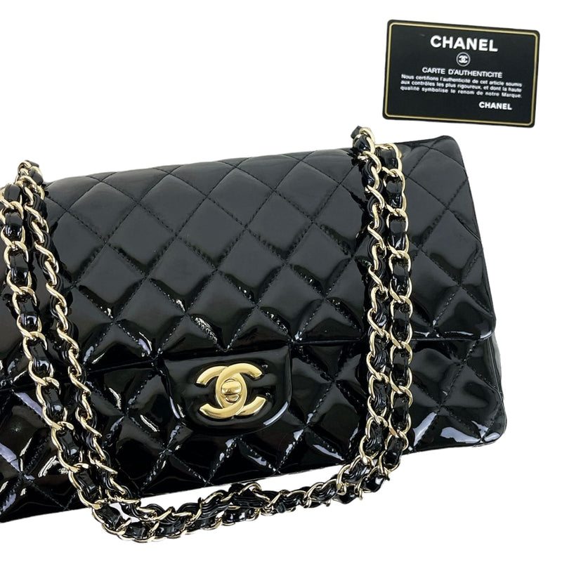 Chanel Medium M/L Classic Double Flap Bag In Patent Leather Black