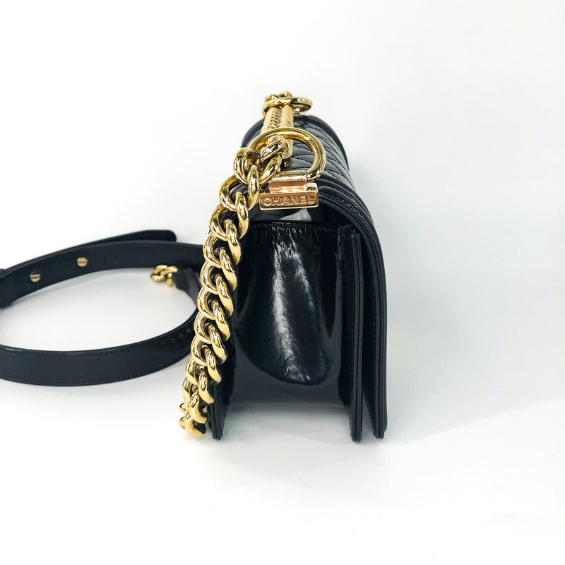 Small Boy Bag in Black Patent Leather with Shiny GHW