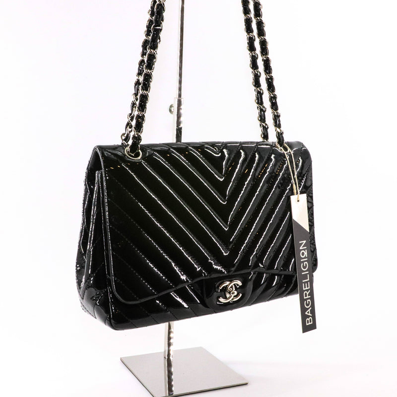 Classic Jumbo in Chevron Patent Leather with SWH Black
