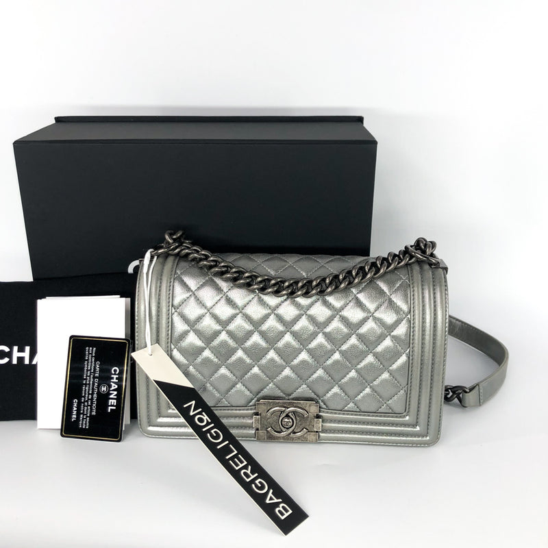 Silver Lambskin Boy Old Medium With Ruthenium Hardware