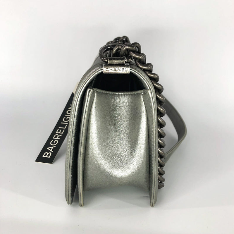 Silver Lambskin Boy Old Medium With Ruthenium Hardware