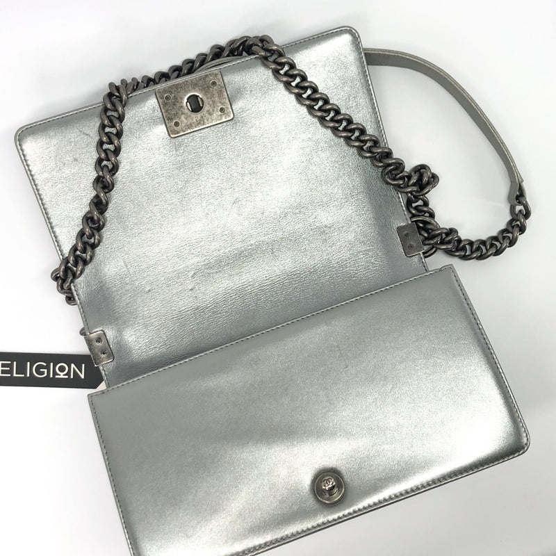 Silver Lambskin Boy Old Medium With Ruthenium Hardware