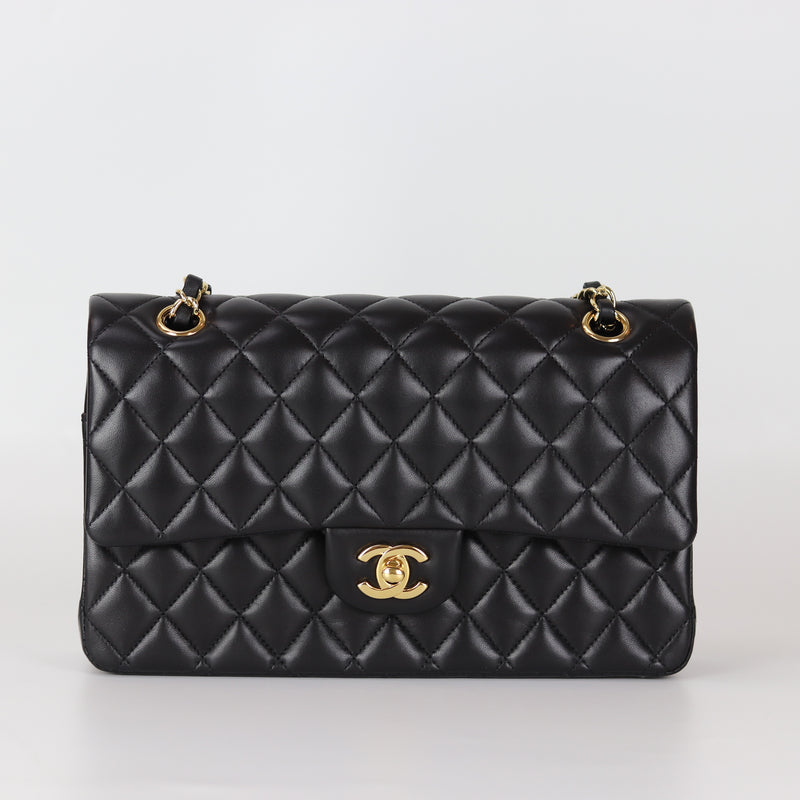 Chanel Classic M/L Medium Double Flap Black Lambskin Silver