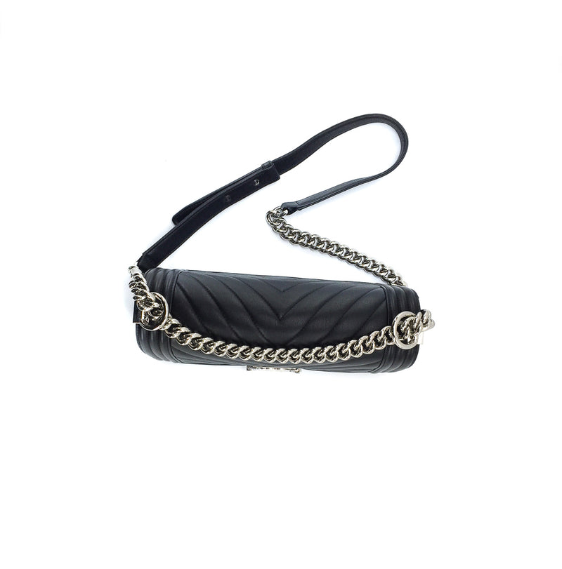 Le Boy Chevron Calfskin Flap Bag with Shiny Silver Hardware