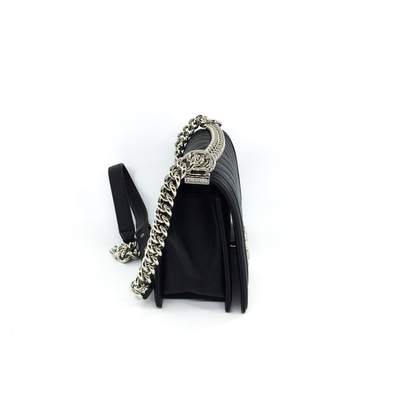 Le Boy Chevron Calfskin Flap Bag with Shiny Silver Hardware