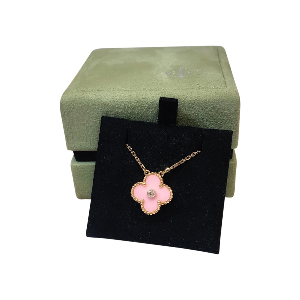 Rare Vintage Alhambra Necklace in Pink Porcelain with 18k Yellow Gold and Diamond