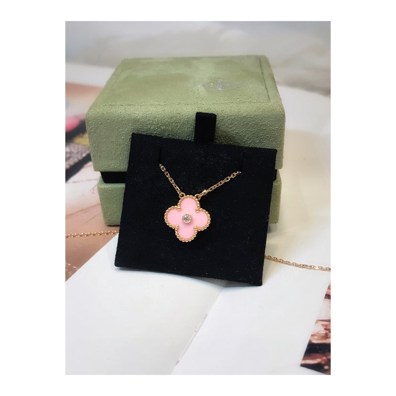 Rare Vintage Alhambra Necklace in Pink Porcelain with 18k Yellow Gold and Diamond