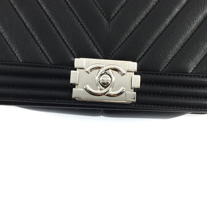 Le Boy Chevron Calfskin Flap Bag with Shiny Silver Hardware