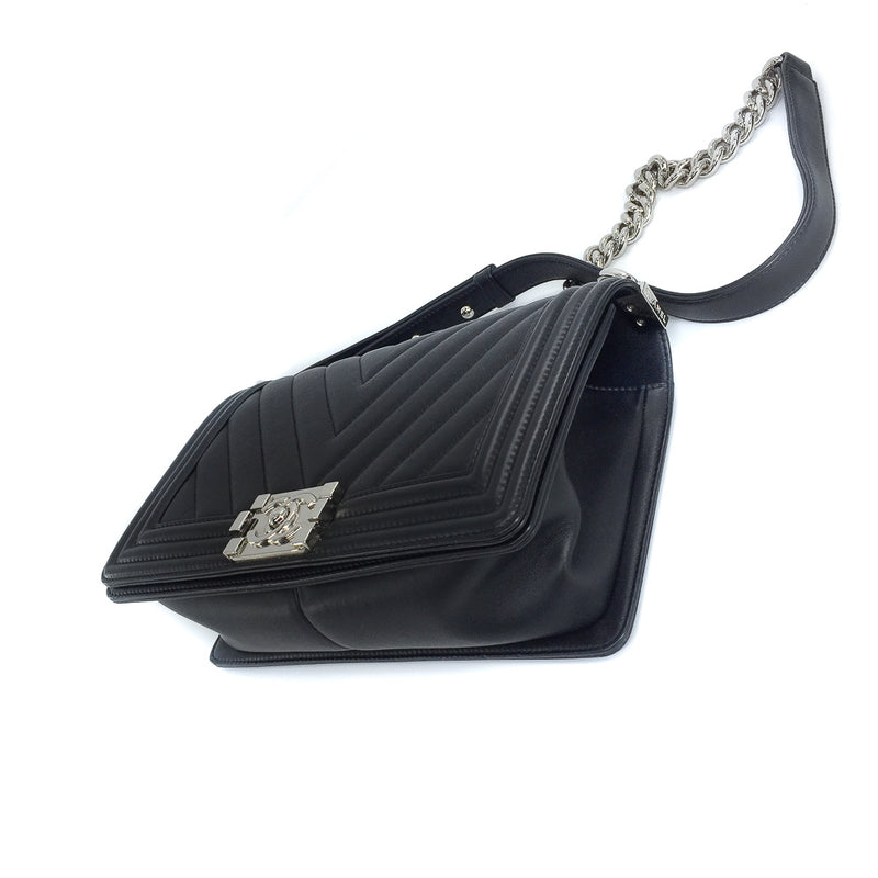 Le Boy Chevron Calfskin Flap Bag with Shiny Silver Hardware