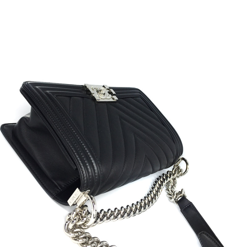 Le Boy Chevron Calfskin Flap Bag with Shiny Silver Hardware