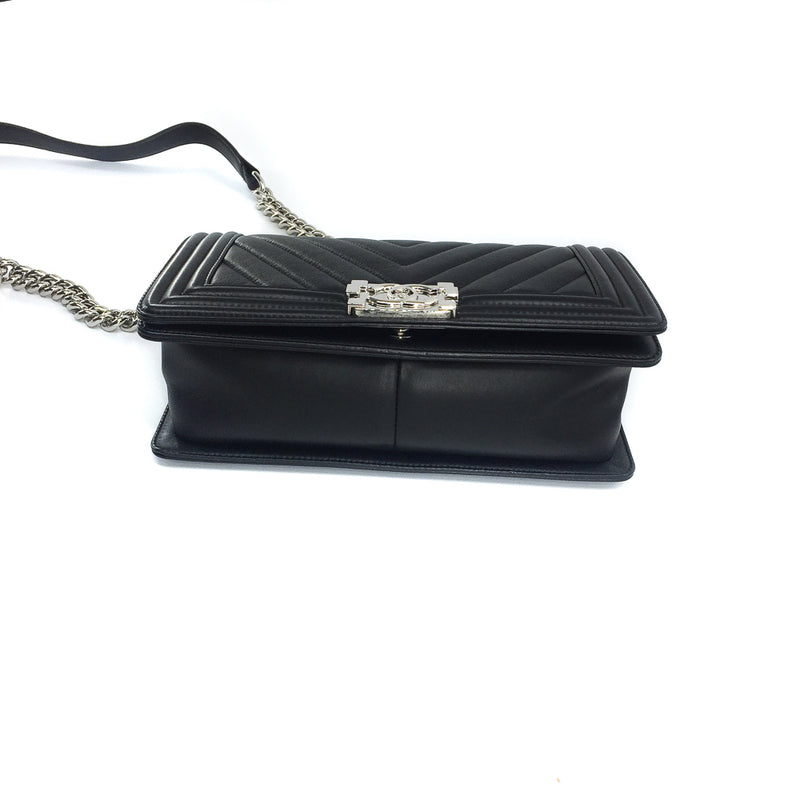 Le Boy Chevron Calfskin Flap Bag with Shiny Silver Hardware