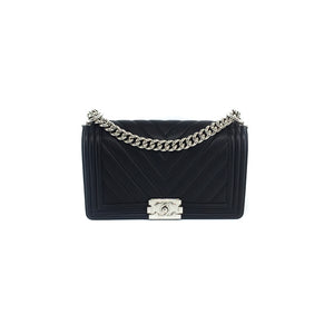 Le Boy Chevron Calfskin Flap Bag with Shiny Silver Hardware