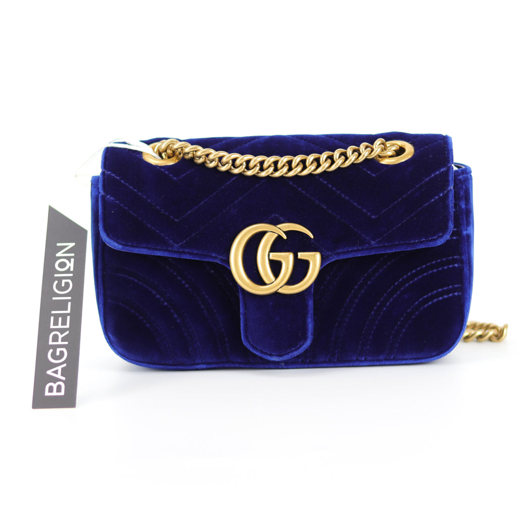 GG Marmont Royal Blue Velvet Mini Shoulder Bag