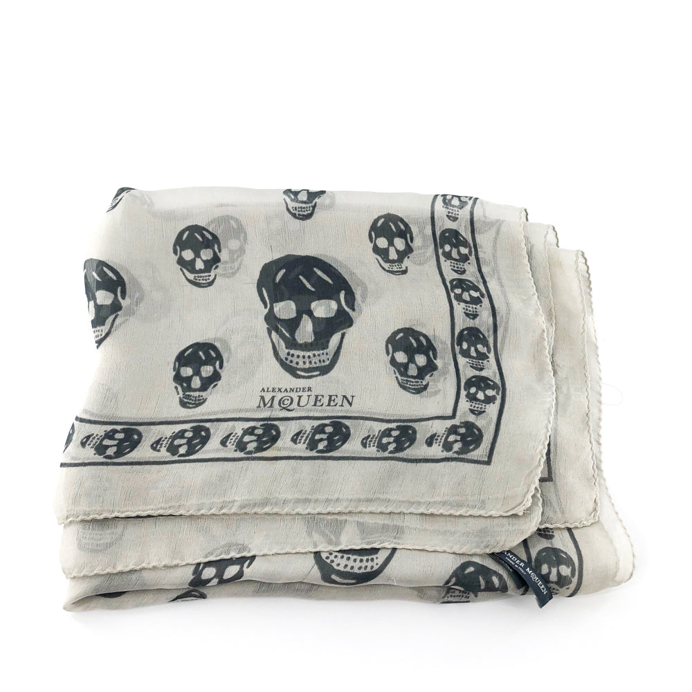 Silk Skull Scarf, White and Gray