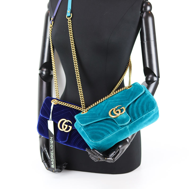 Marmont Matelasse Shoulder Bag Small in Peacock Blue Velvet