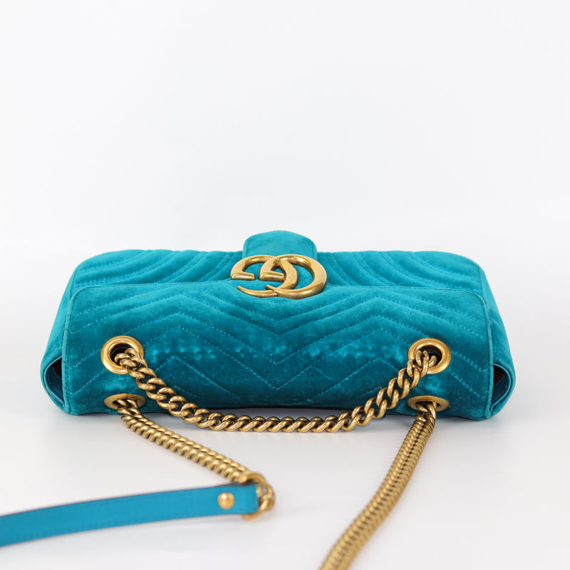 Marmont Matelasse Shoulder Bag Small in Peacock Blue Velvet