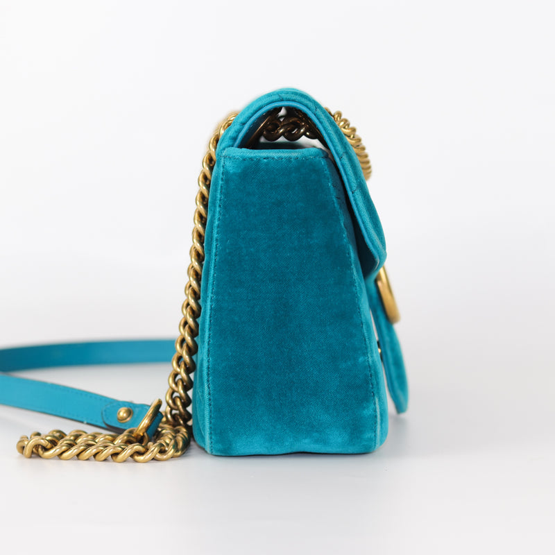 Marmont Matelasse Shoulder Bag Small in Peacock Blue Velvet