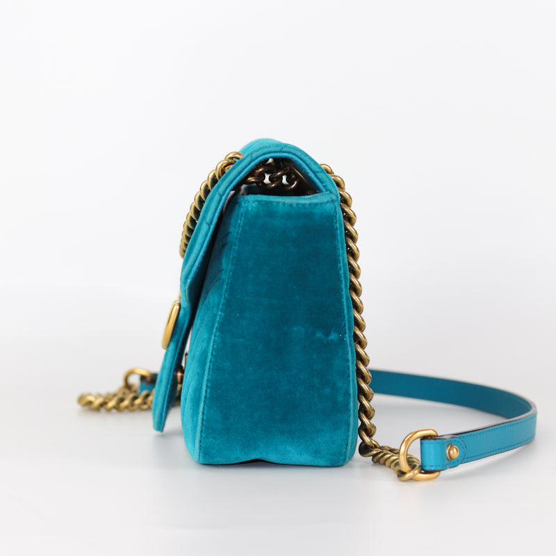 Marmont Matelasse Shoulder Bag Small in Peacock Blue Velvet