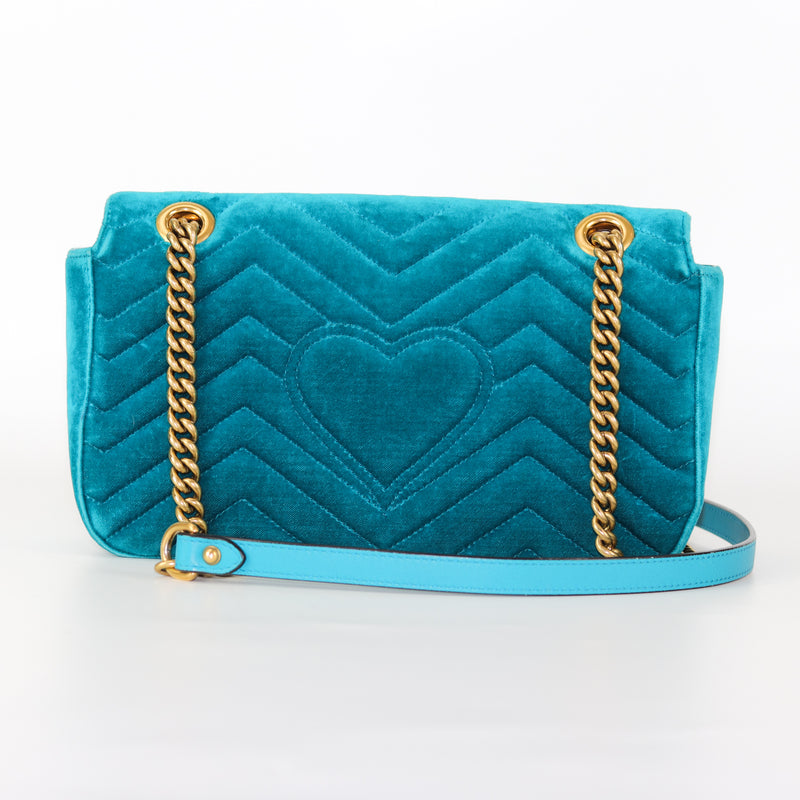 Marmont Matelasse Shoulder Bag Small in Peacock Blue Velvet