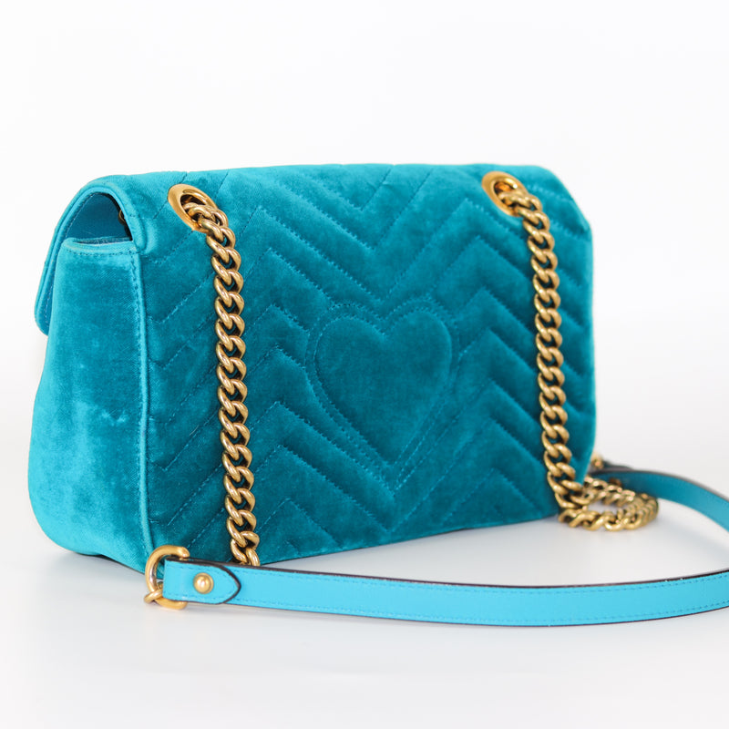 Marmont Matelasse Shoulder Bag Small in Peacock Blue Velvet