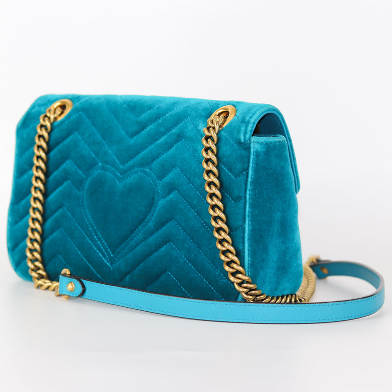 Marmont Matelasse Shoulder Bag Small in Peacock Blue Velvet