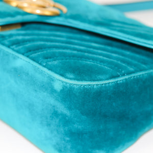 Marmont Matelasse Shoulder Bag Small in Peacock Blue Velvet
