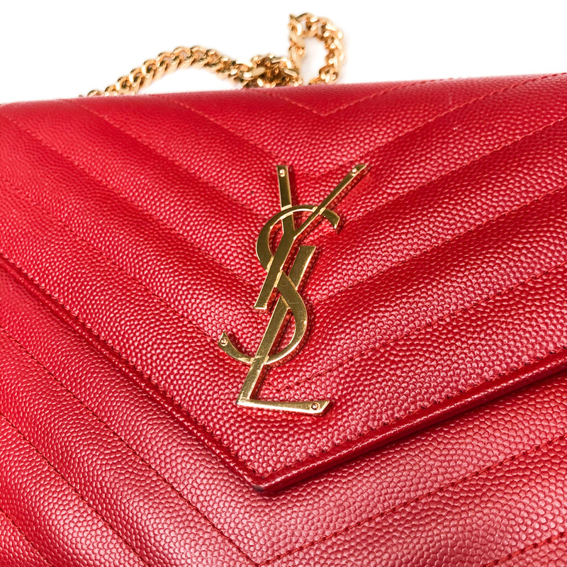 Saint Laurent Quilted Monogramme Shoulder WOC bag in Red pebbled