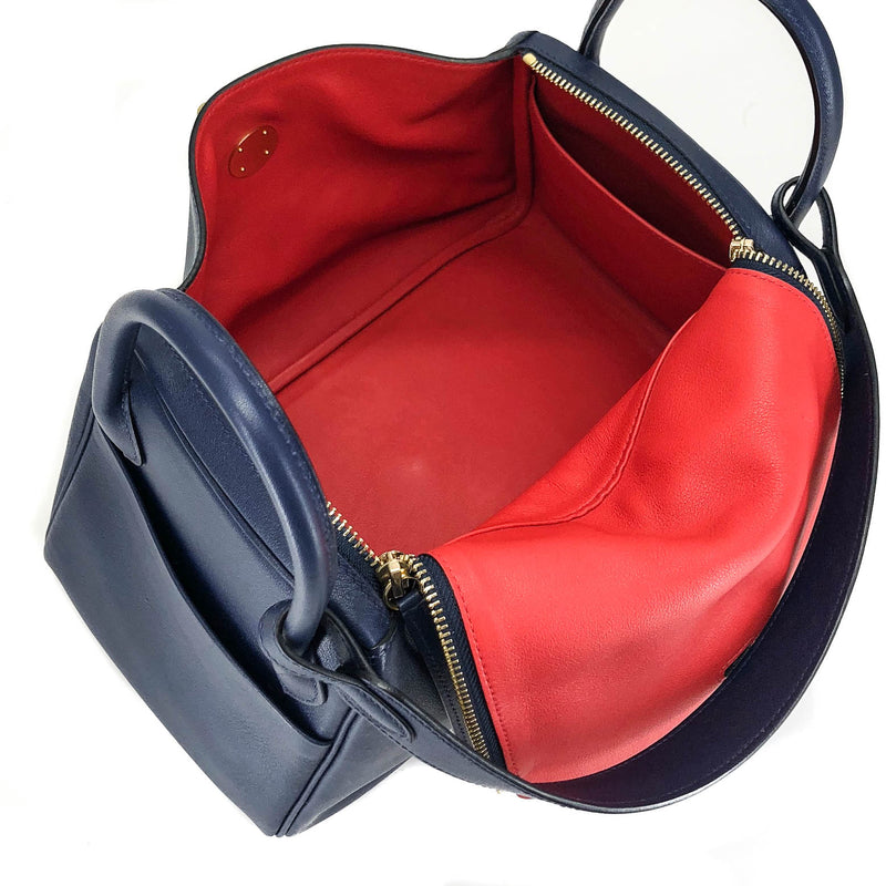 Hermes Handbag Lindy 30 Blue Nuit with Rouge Tomate Interior Gold