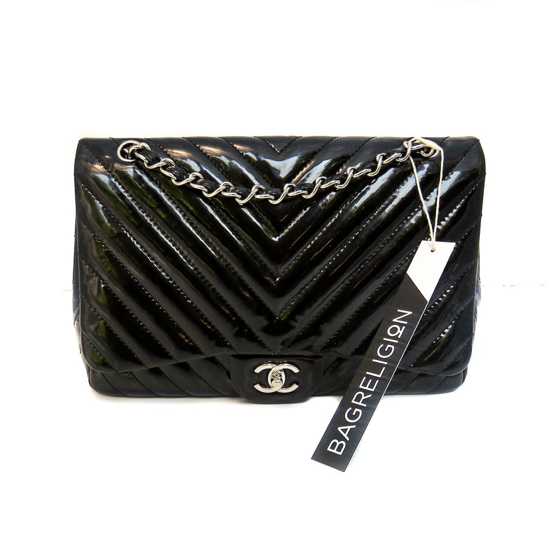Classic Jumbo in Chevron Patent Leather with SWH Black