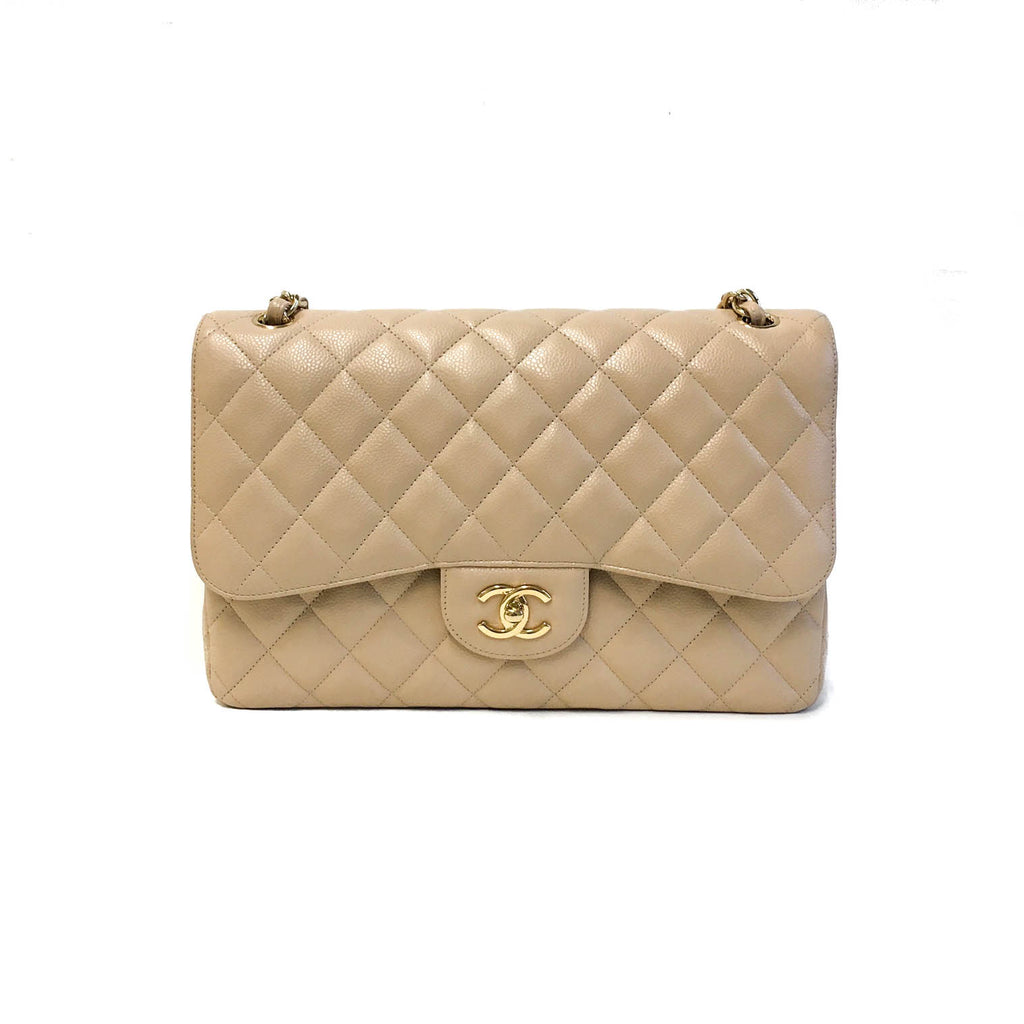 Double Flap Jumbo in Beige Caviar Leather