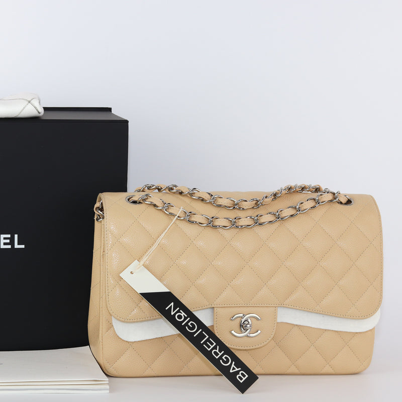Chanel Classic M/L Double Flap Beige Claire Caviar Silver Hardware