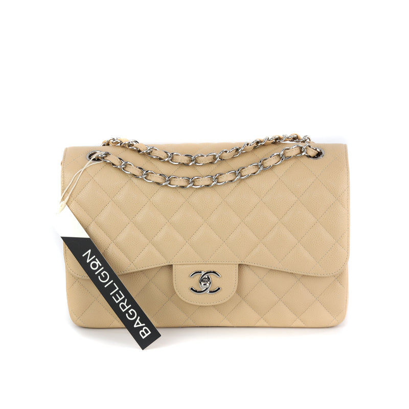 Double Flap Caviar Jumbo in Beige Claire Silver Hardware