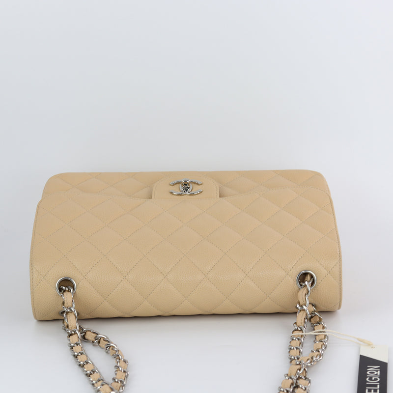 Double Flap Caviar Jumbo in Beige Claire Silver Hardware