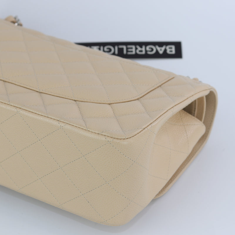 Double Flap Caviar Jumbo in Beige Claire Silver Hardware