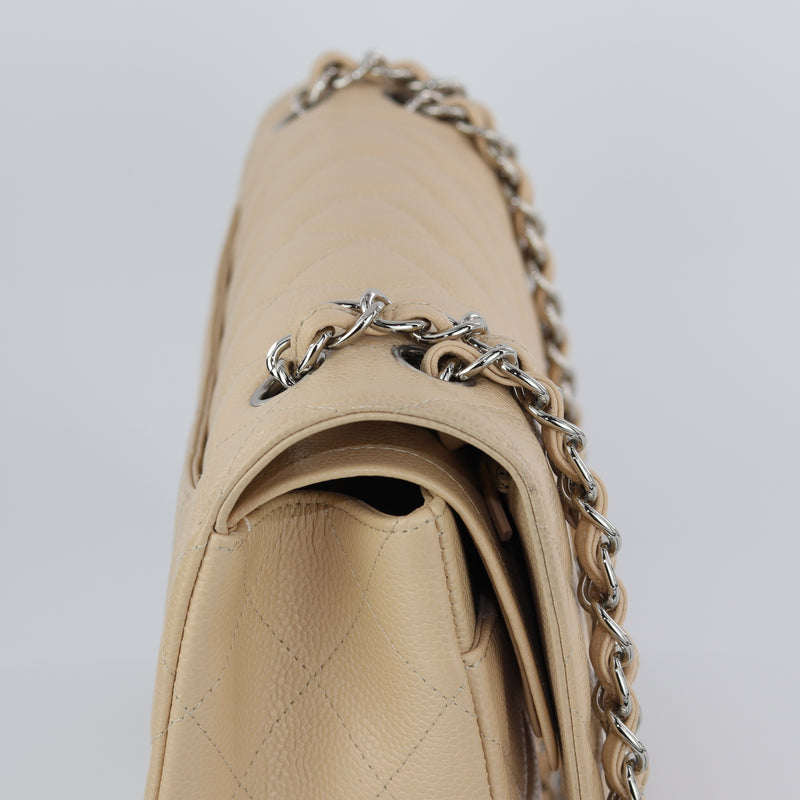 Double Flap Caviar Jumbo in Beige Claire Silver Hardware