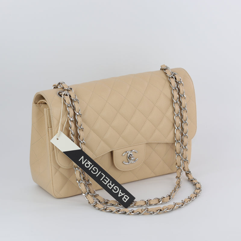 Double Flap Caviar Jumbo in Beige Claire Silver Hardware