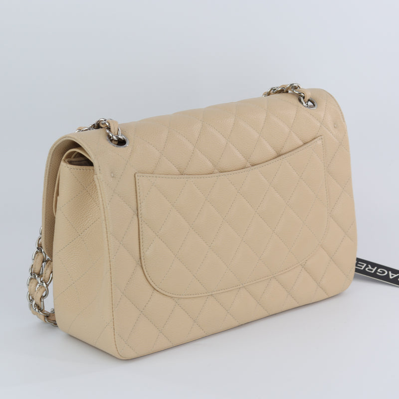 Double Flap Caviar Jumbo in Beige Claire Silver Hardware
