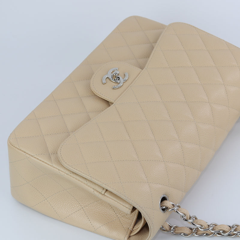 Double Flap Caviar Jumbo in Beige Claire Silver Hardware