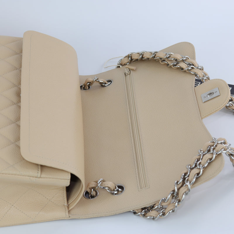 100% AUTHENTIC CHANEL CLASSIC SINGLE FLAP JUMBO CAVIAR BAG BEIGE QUILTED  SILVER