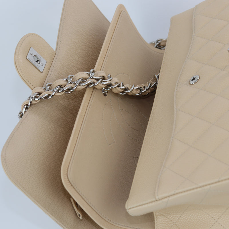 Double Flap Caviar Jumbo in Beige Claire Silver Hardware