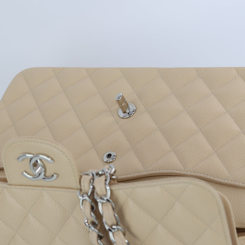 Double Flap Caviar Jumbo in Beige Claire Silver Hardware