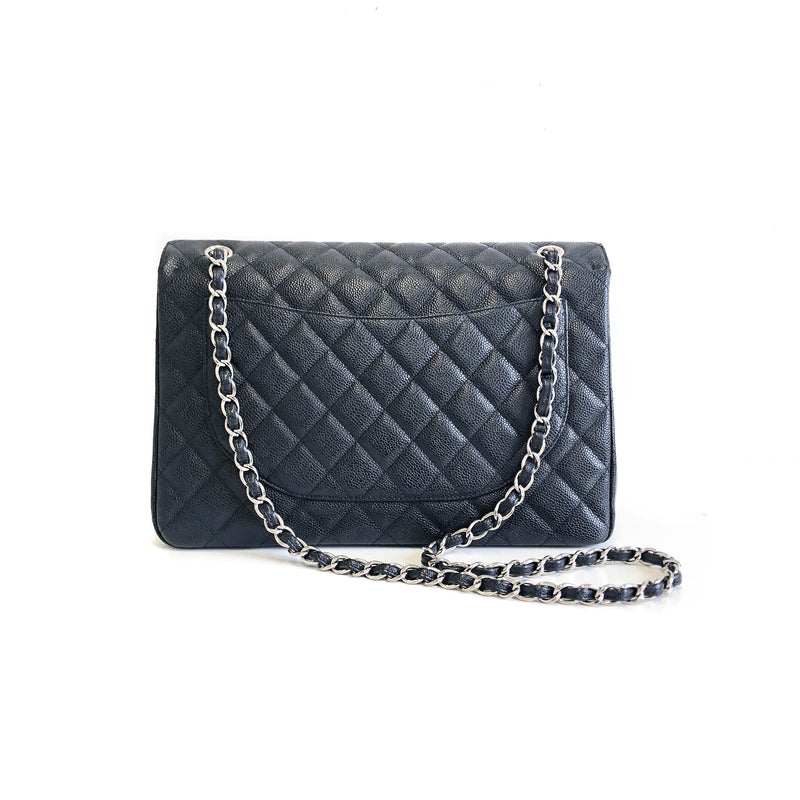 Single Flap Maxi in Black Caviar Leather with Silver Hardware