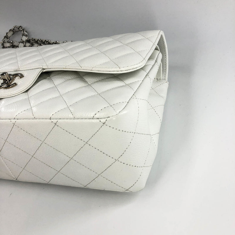 Caviar Double Flap Jumbo in White Caviar with SHW