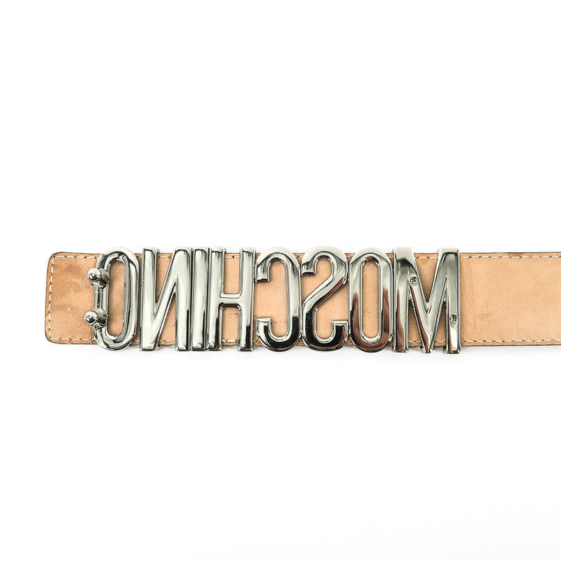 Silver Logo ''Moschino" Embellished Leather Belt in Beige